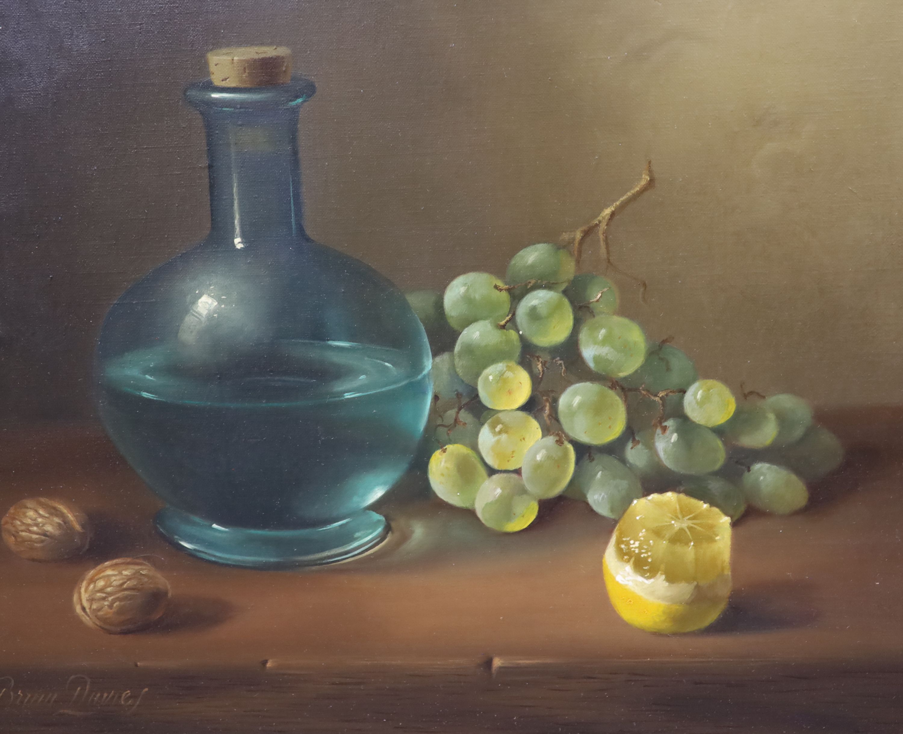 Brian Davies, pair of oils on canvas, Still lifes of fruit and flagons, signed, 30 x 35cm